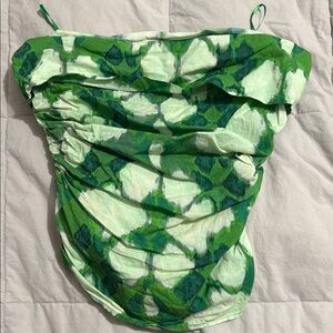 Zara Green and White Ruched Strapless Tank Top